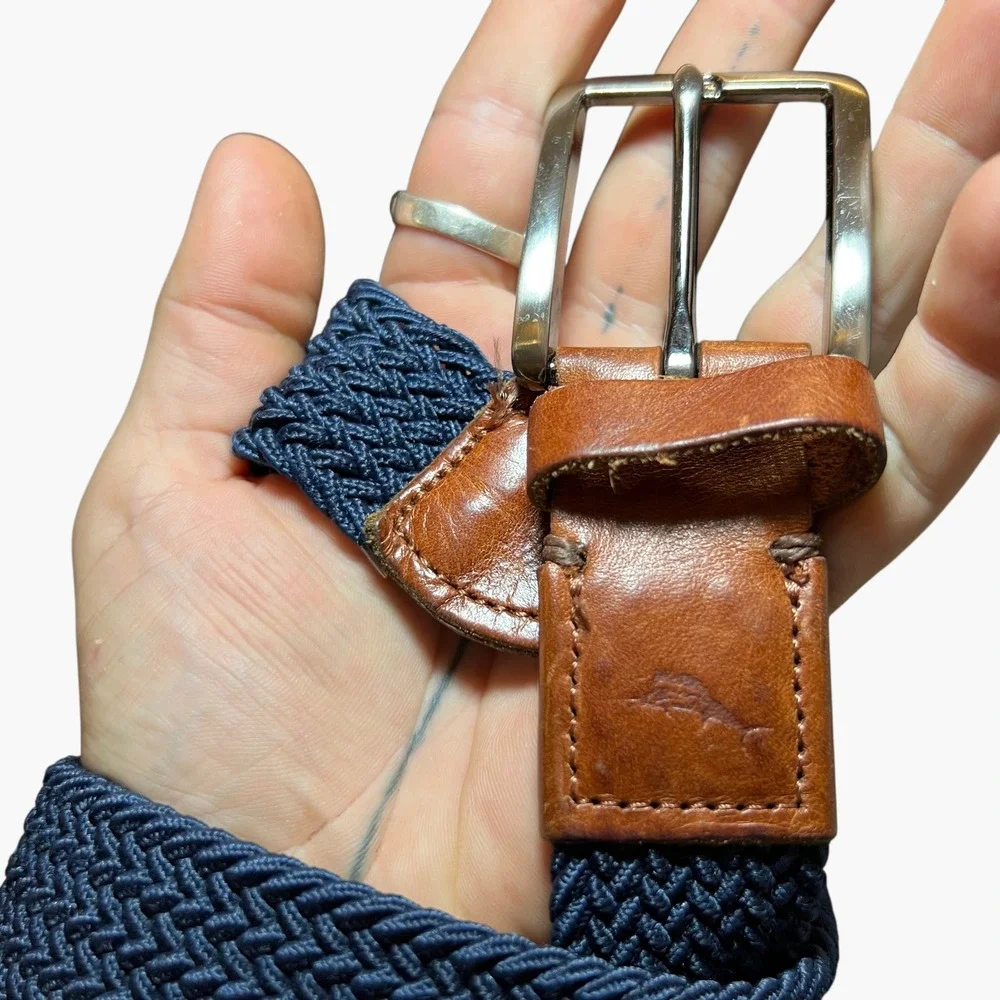 Tommy‎ Bahama Mens S/M Belt Braided Elastic Leather Trim Silver Buckle Navy Blue